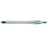 Silver plastic pen with green accents