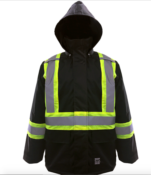 Black safety jacket with fluorescent striping