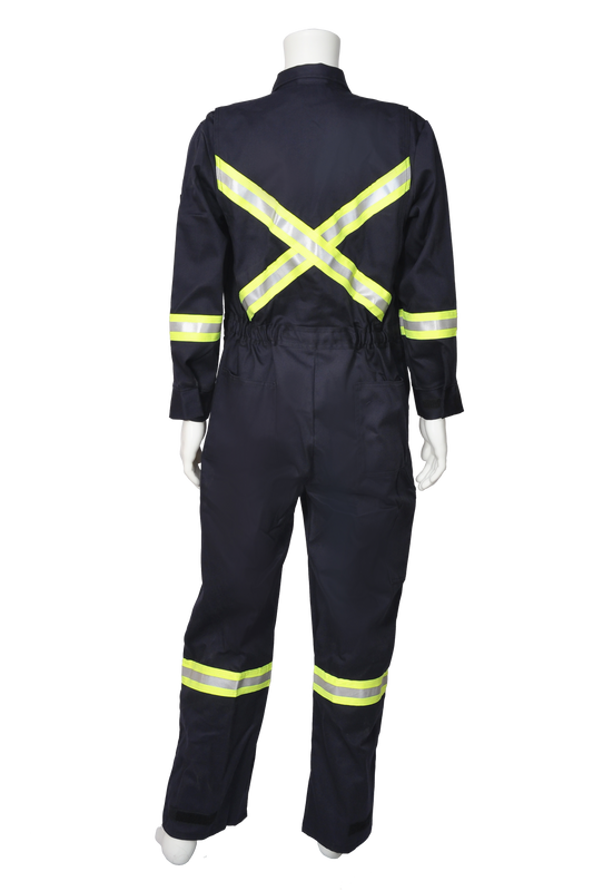 Navy FR coverall with safety striping back view
