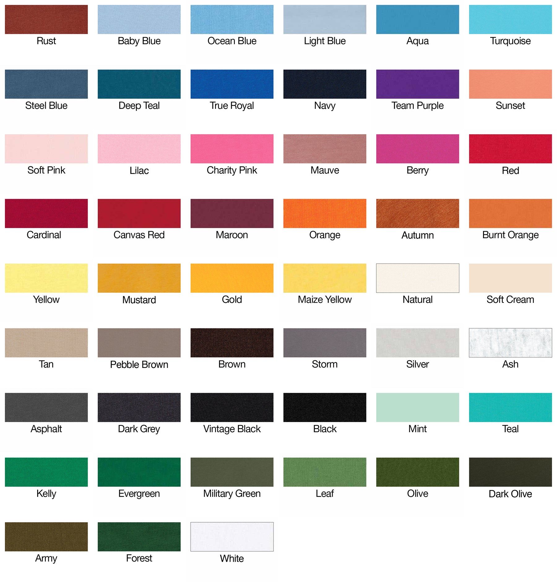 Colours available in unisex bella + canvas t shirt