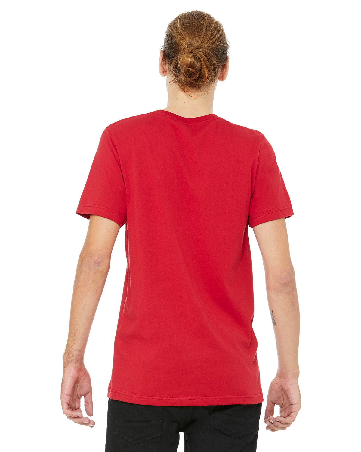 Red unisex t-shirt on male model back view
