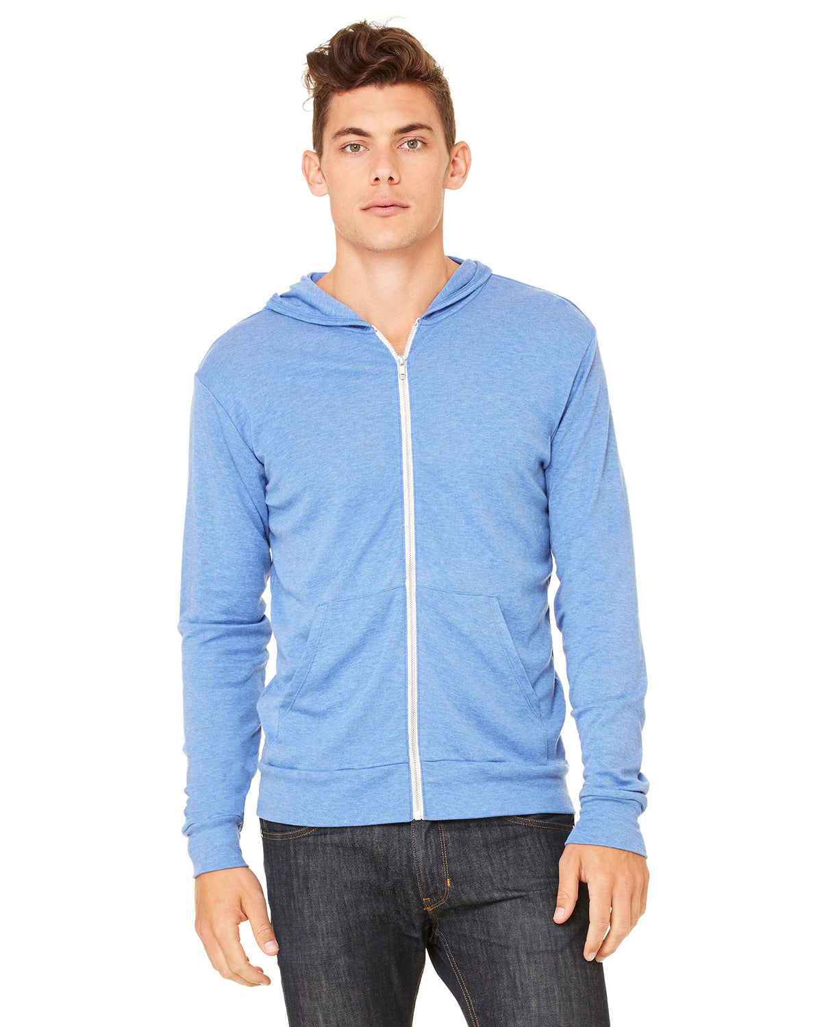 Triblend light blue zip up sweater