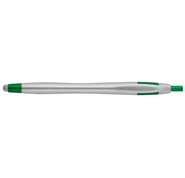 Silver plastic pen with green accents