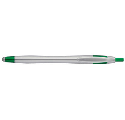Silver plastic pen with green accents