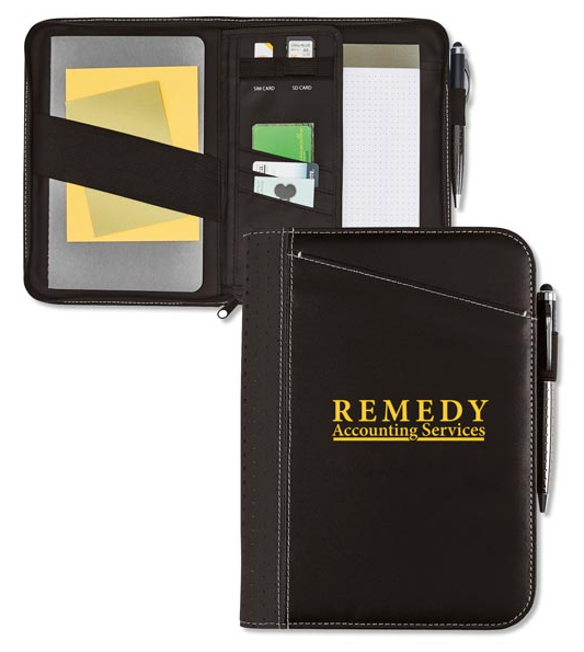 Black portfolio with full zipper and interior organization.