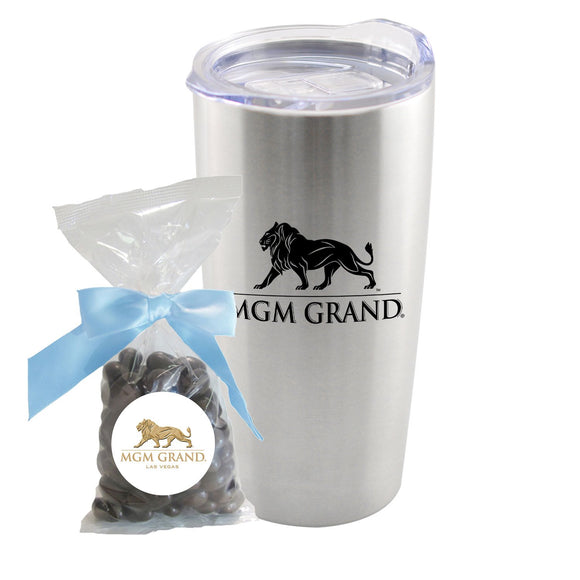 Stainless steel tumbler with logo plus chocolate covered almonds gift pack
