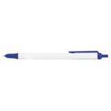 White click pen with blue logo and accents