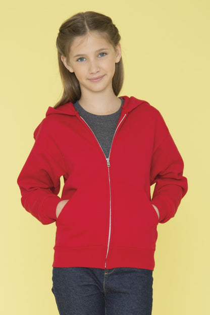 Youth full zip hoodie red on model