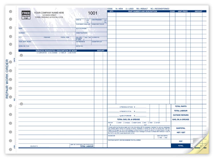 Automotive Repair Work Orders | Cabot Business Forms and Promotions
