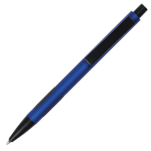 Blue aluminum pen with black accents top view