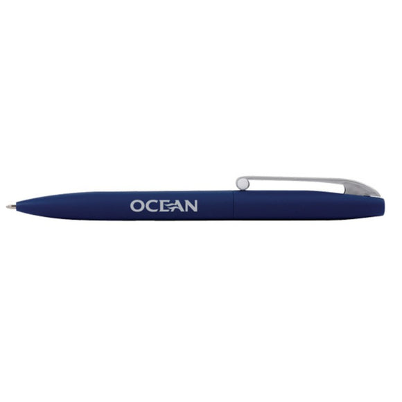 Blue metal pen with engraved logo and silver clip