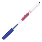Classic white plastic pen with blue cap and logo