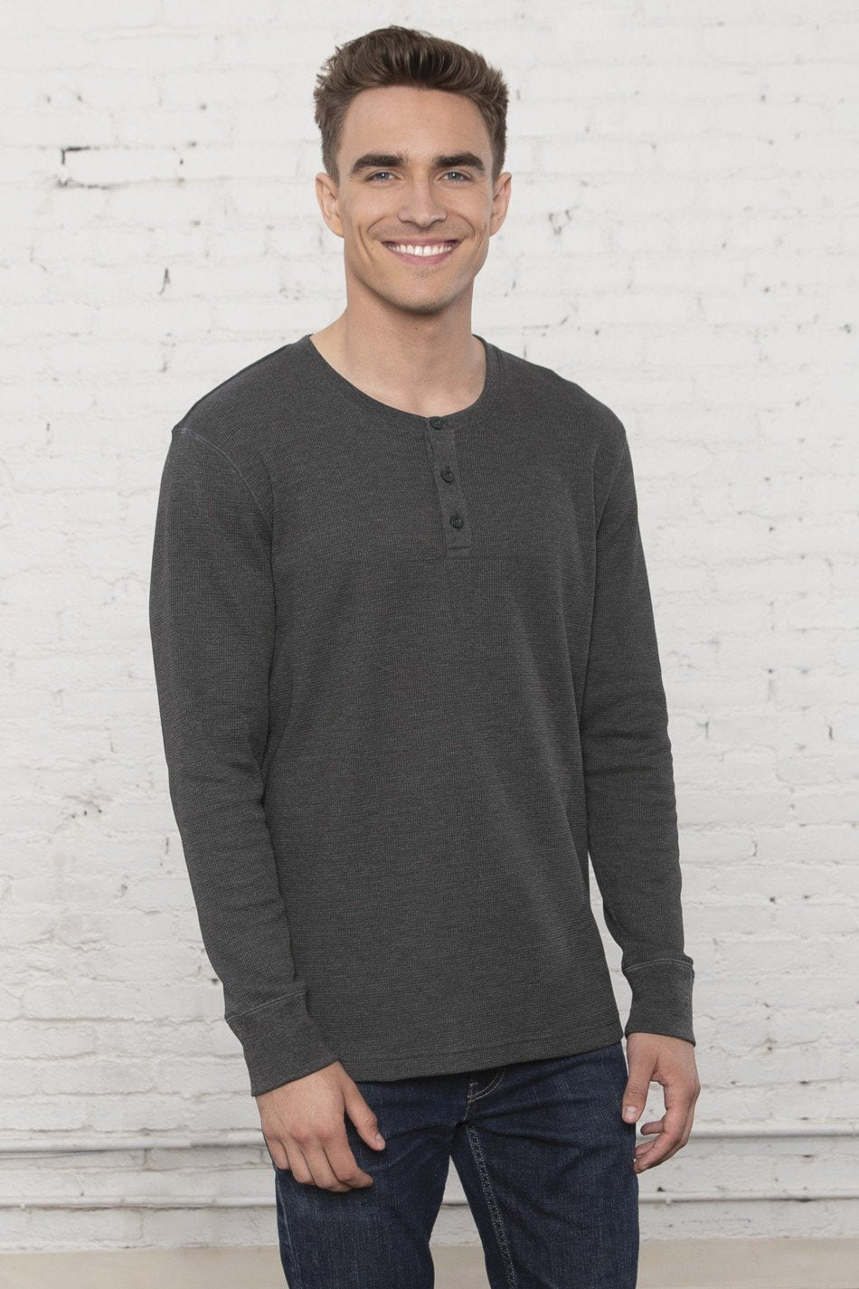 Mens long sleeve henley dark heather grey