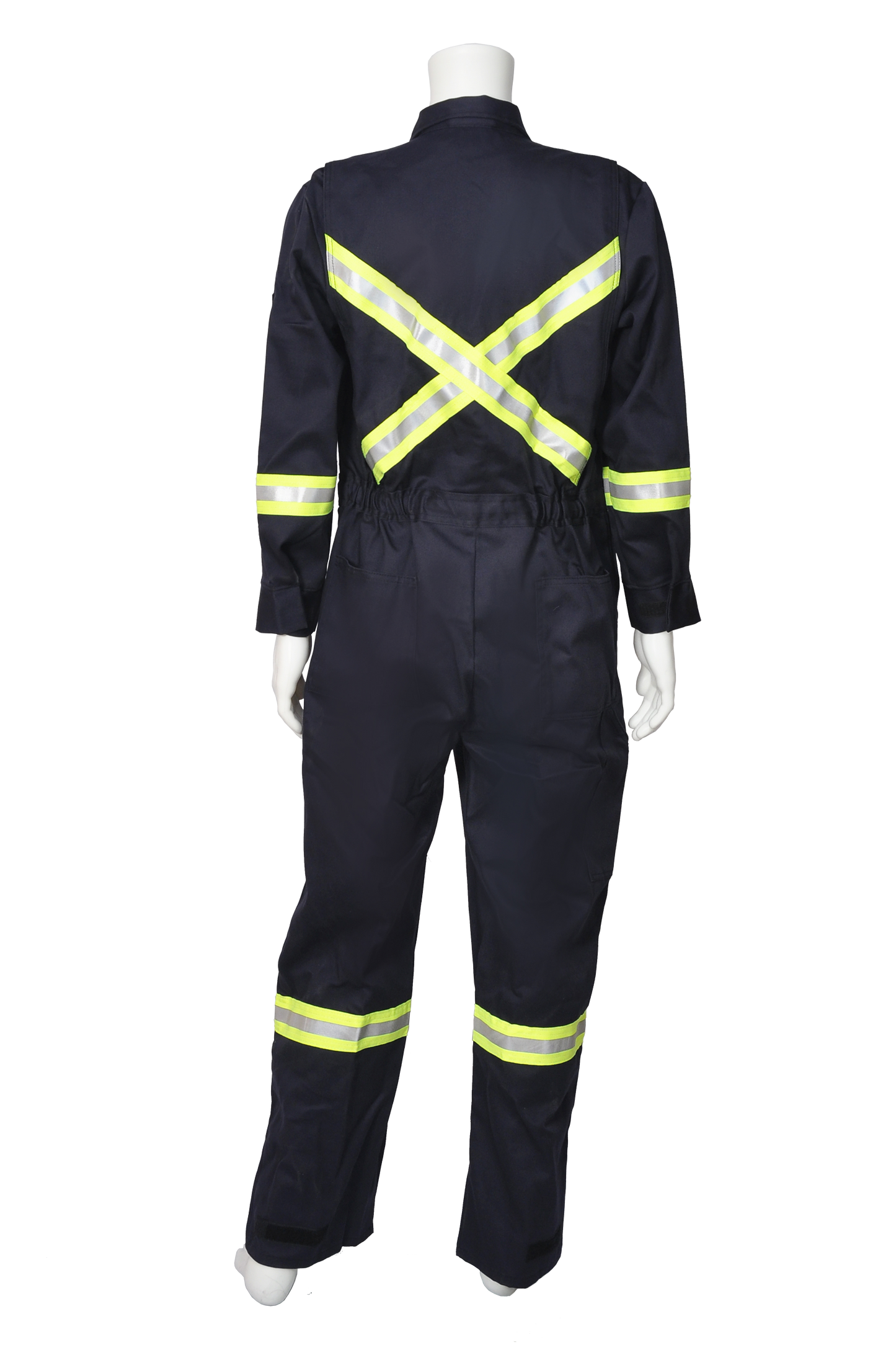 Navy FR coverall with safety striping back view