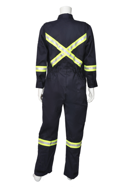 Navy FR coverall with safety striping back view