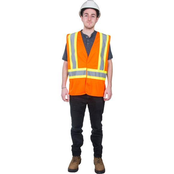 Traffic Safety Vest, High Visibility Orange, Medium, Polyester, CSA Z96 Class 2 - Level 2