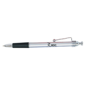 Silver plastic pen with spiral clip and black grip BDC logo